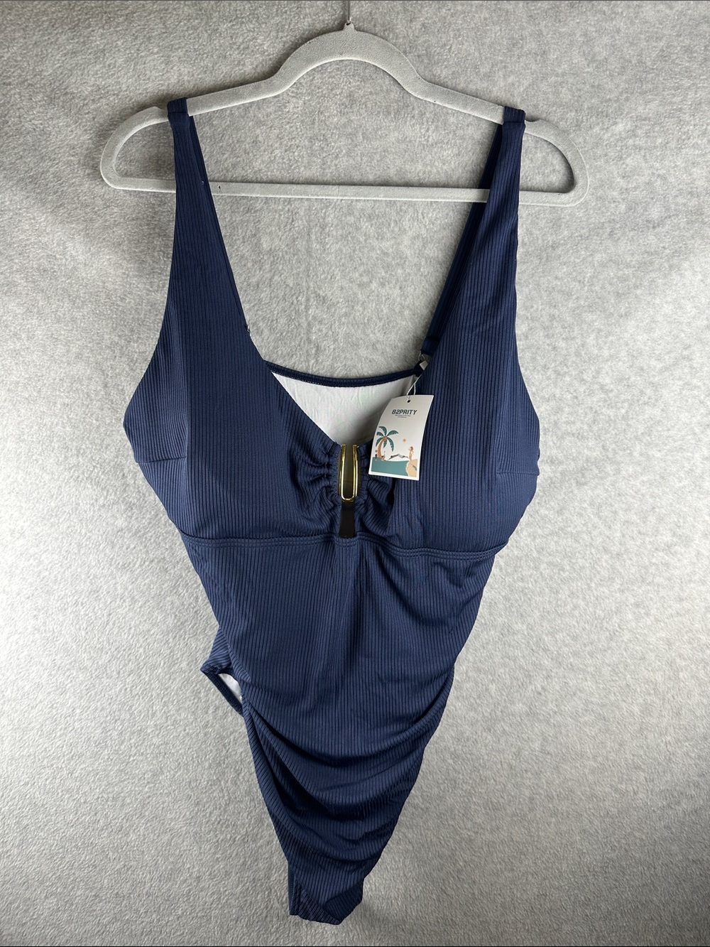 Ribbed Navy One-Piece Swimsuit with Center Gold Accent Clasp